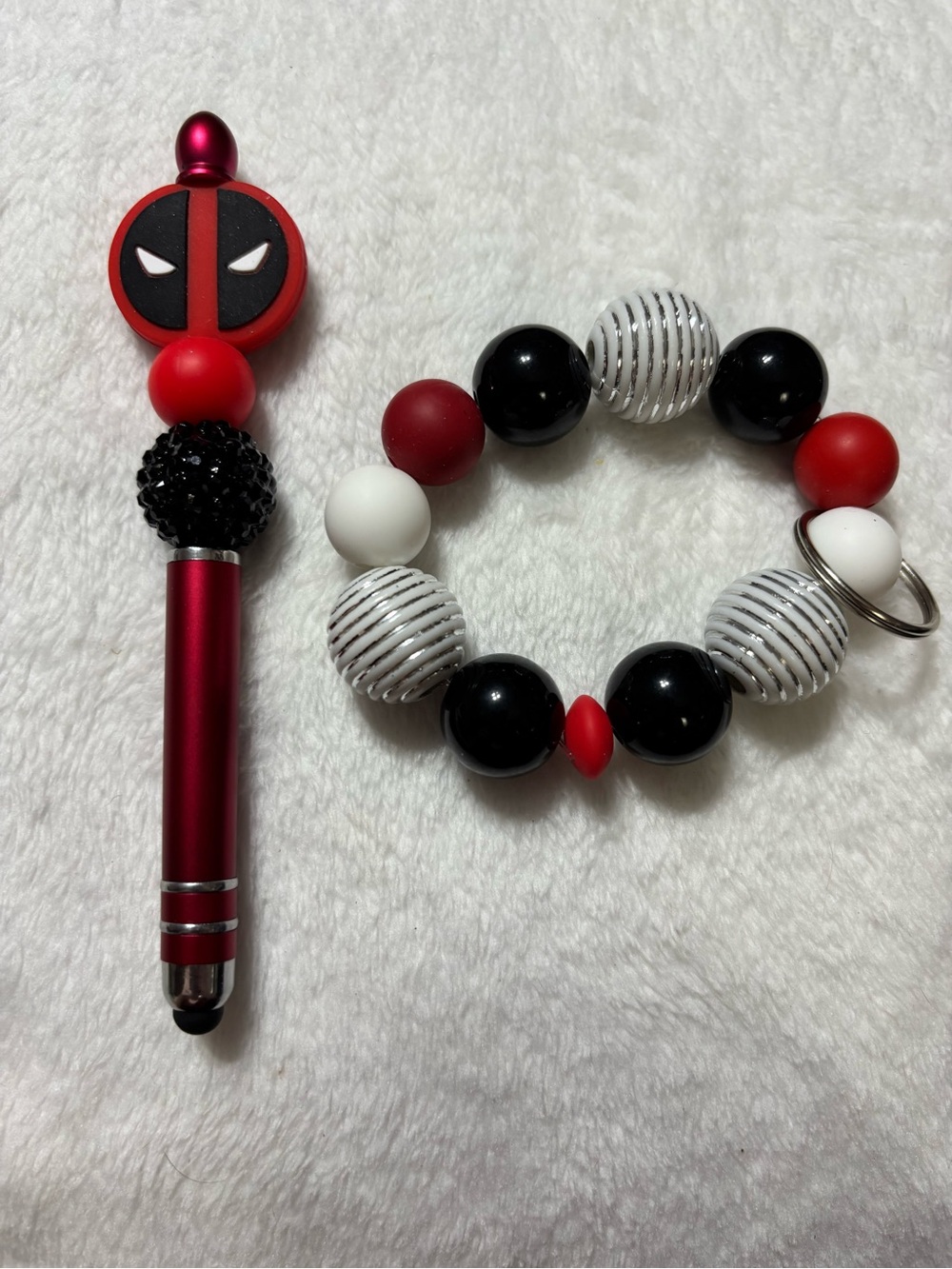 Deadpoolz inspired Red Black White Beaded Bracelet & Stylus Pen